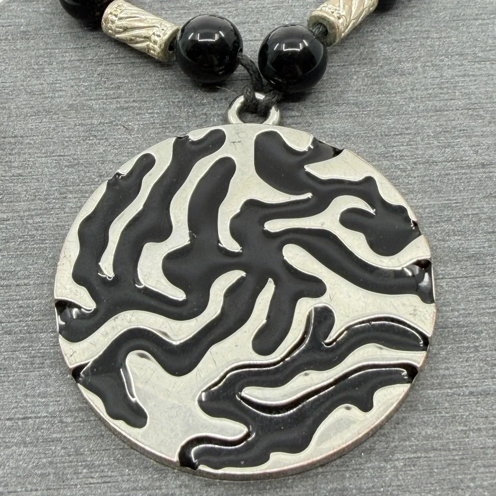 Black Silver Tone Abstract Swirl Disc Pendant Beaded Necklace Boho Statement